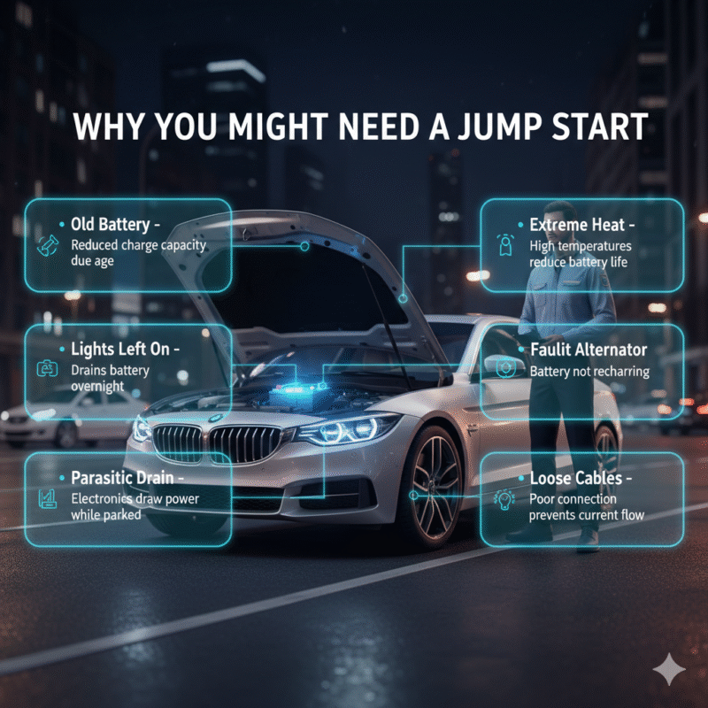 Infographic user guide showing common reasons for needing a car jump start with key causes highlighted on sides and central automotive battery visual