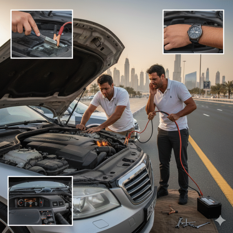 Dubai roadside jumpstart troubleshooting with cables cleaning terminals and retrying ignition