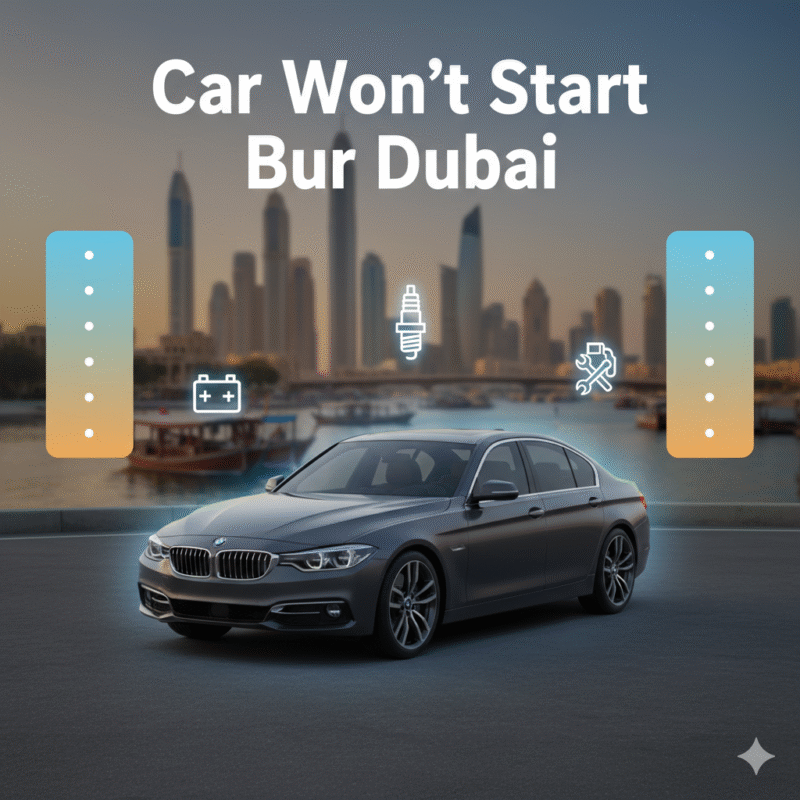 Feature image of a sleek car in Bur Dubai with the title “Car Won’t Start Bur Dubai” at the top, empty spaces on the sides for bullet points showing causes, solutions, and preventive tips, with animated infographic-style design.