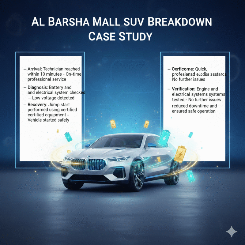 Feature image showing 'Al Barsha Mall SUV Breakdown Case Study' title at the top, luxury SUV in the center with glowing battery symbols, and key stages/actions/results displayed on the left and right sides.
