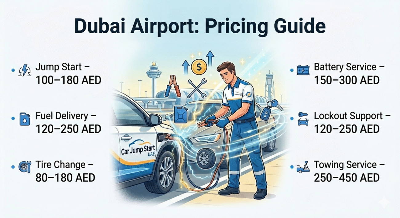 "Pricing guide for Roadside Assistance Dubai Airport showing key services and their approximate costs, with a Car Jump Start UAE technician illustration in the center."