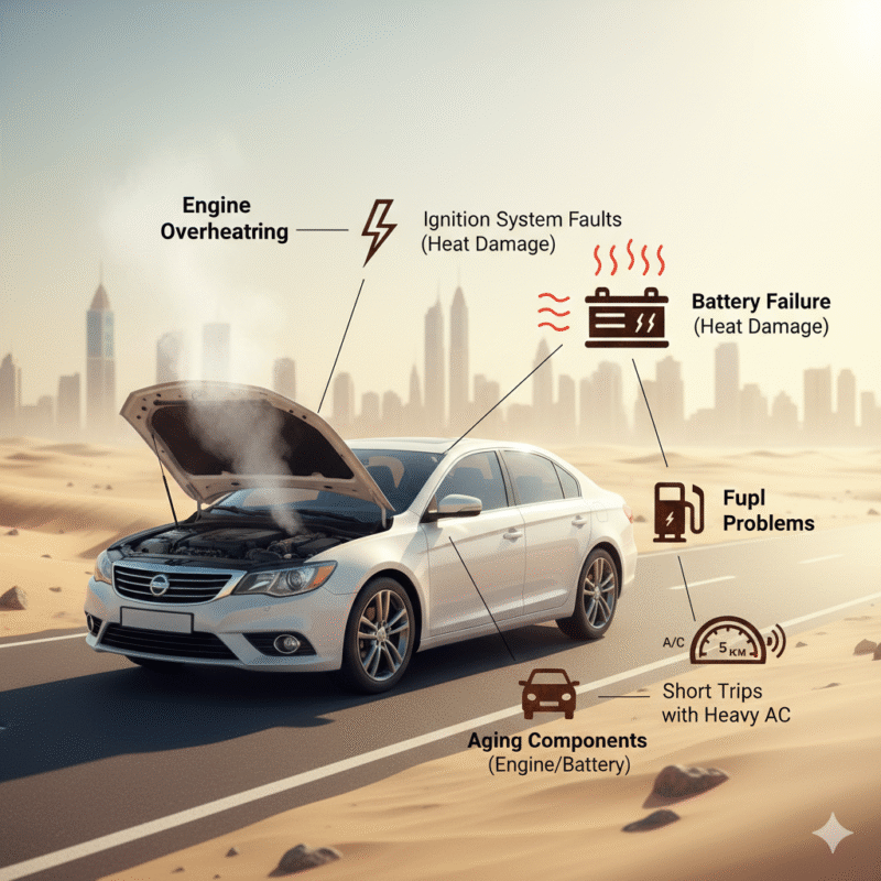 Infographic showing battery, engine, ignition, fuel pump, aging parts, and short trips as causes of car not starting hot afternoon Dubai 2026