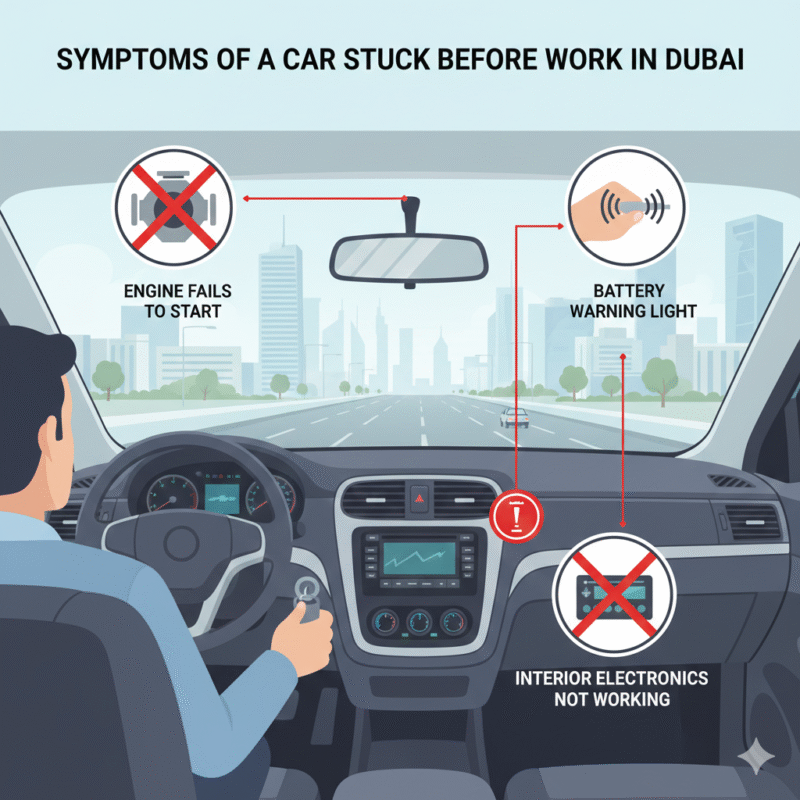Infographic showing car dashboard lights dim, engine failing to start, clicking noise, and electronics not working due to a car stuck before work in Dubai