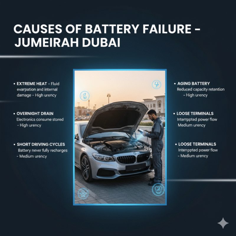 "Premium guide image showing causes of battery failure in Jumeirah Dubai, top title, side bullet points, and central luxury car with technician performing service, animated highlights."