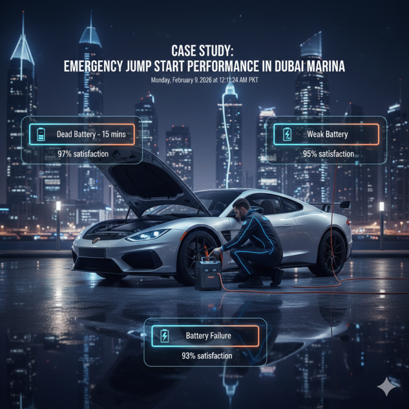 Infographic-style case study showing emergency jump start performance, response times, and customer satisfaction in Dubai Marina