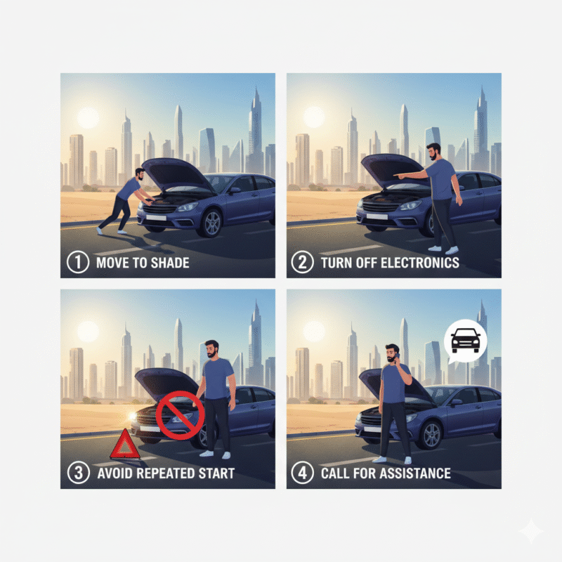 Stranded car in Dubai heat with driver following steps: shaded parking, electronics off, avoid repeated ignition, call roadside assistance.