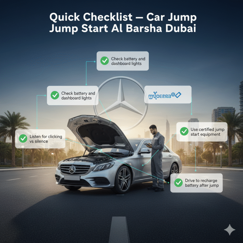 Luxury car stalled on Al Barsha street with roadside technician, infographic showing quick checklist for car jump start including battery check, listening for clicks, using certified equipment, calling help, and post-recovery driving