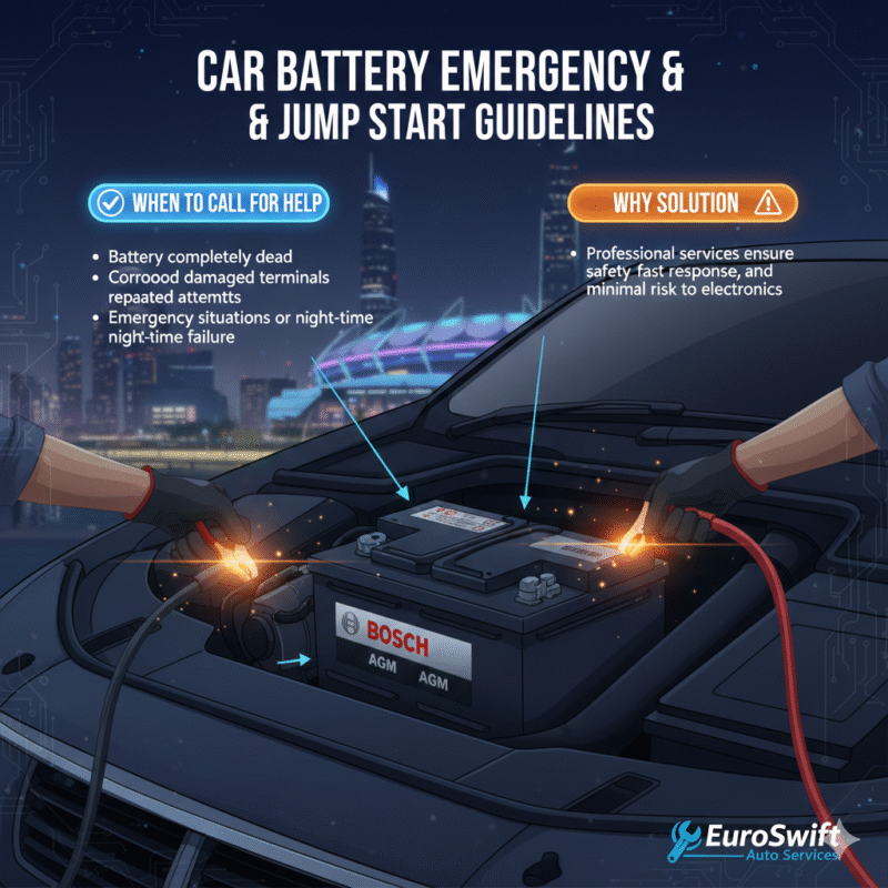“User guide illustration showing the title at the top, key battery emergency points on the sides, and an animated car jump start scene with a brand logo in the center.”