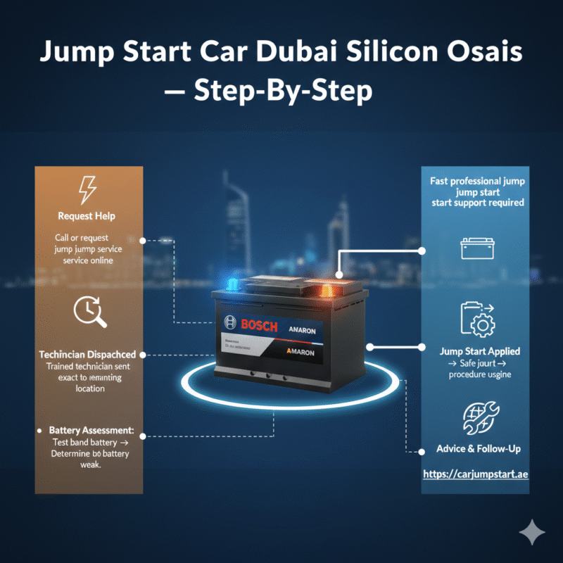 “Animated-style feature image showing step-by-step process of jump start car service in Dubai Silicon Oasis, title on top, central premium car or battery image, steps displayed on sides with icons.”