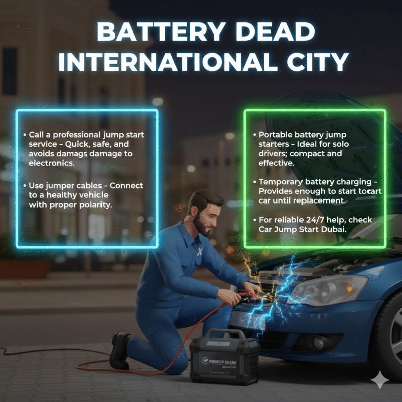 Animated-style illustration of a professional technician jump-starting a car battery in International City Dubai. Title "Battery Dead International City" is at the top. Key options such as professional jump start, jumper cables, portable jump starters, temporary charging, and 24/7 Car Jump Start Dubai are displayed on the sides.