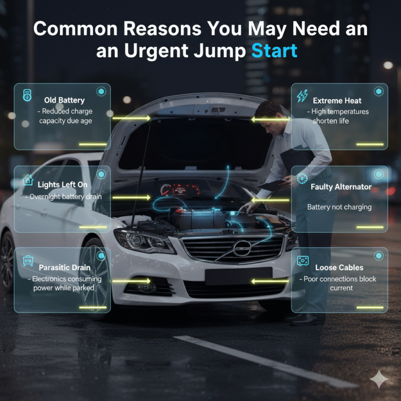 Infographic showing common causes of urgent car jump start needs with key reasons highlighted on sides and central car battery visual