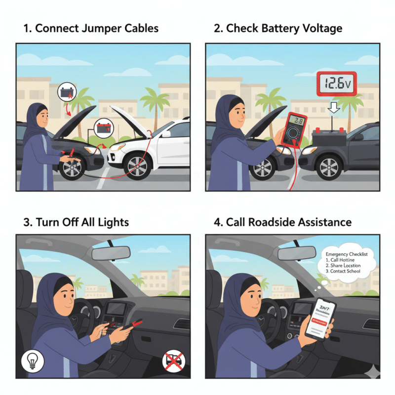 Illustration showing a parent jump starting a car, checking battery, and calling roadside assistance to fix a battery drained by lights in Dubai