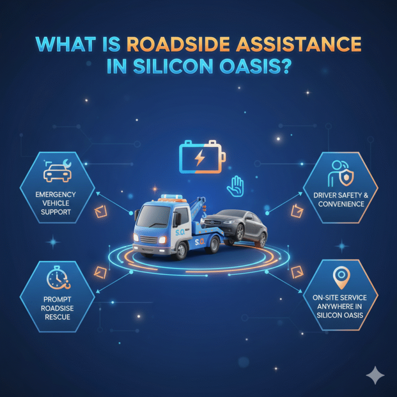 Animated infographic showing “What is Roadside Assistance in Silicon Oasis?” with a central brand image of roadside assistance, and key points displayed on the sides.