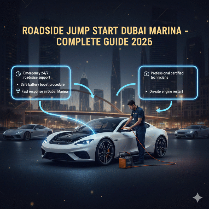 Roadside jump start service in Dubai Marina showing emergency car battery boost with professional technician – complete guide infographic style