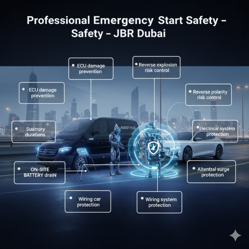 Professional emergency jump start safety guide showing technician protecting modern vehicle electronics in JBR Dubai