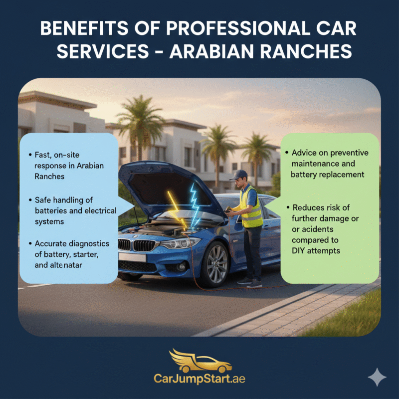 "Benefits of professional car services in Arabian Ranches, showing fast response, safe handling, accurate diagnostics, preventive advice, and reduced risk with brand logo."