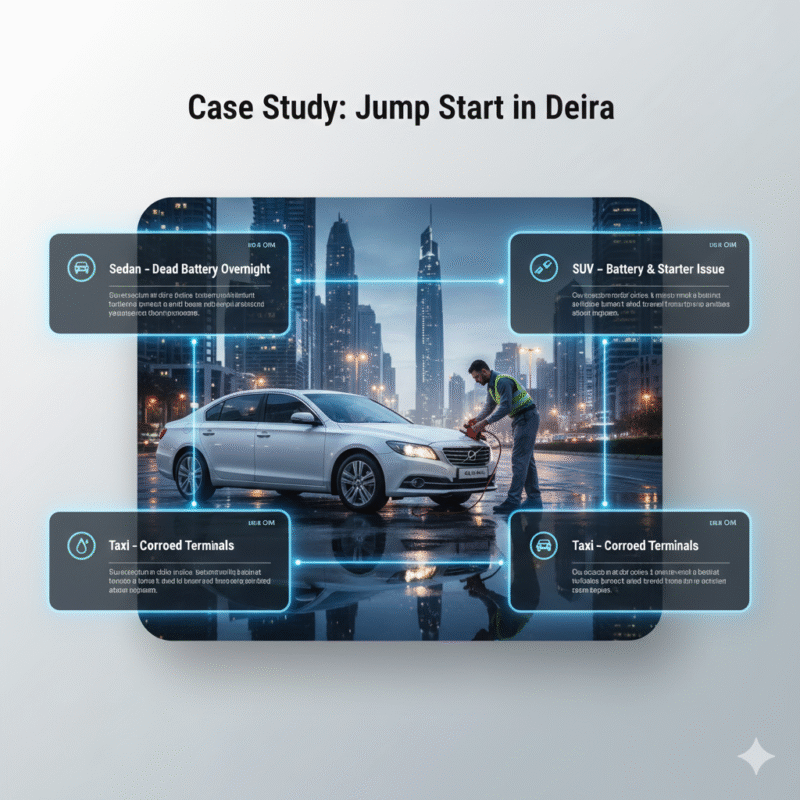 Case study infographic showing real jump start scenarios with technician assisting vehicles and labeled results.