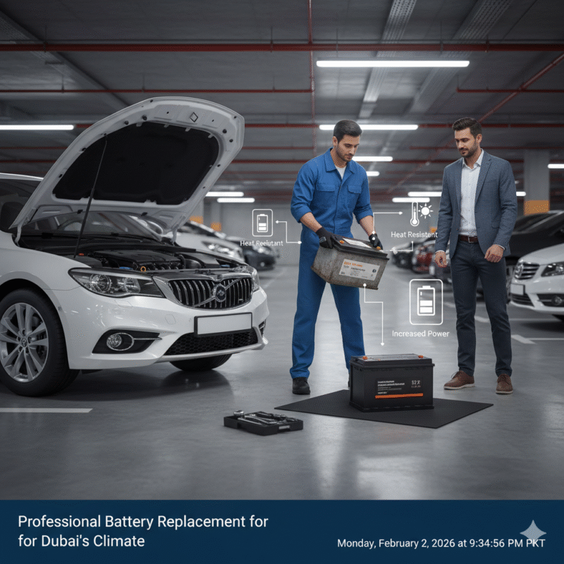 Mechanic installing a new high-temperature car battery in underground Dubai parking garage.