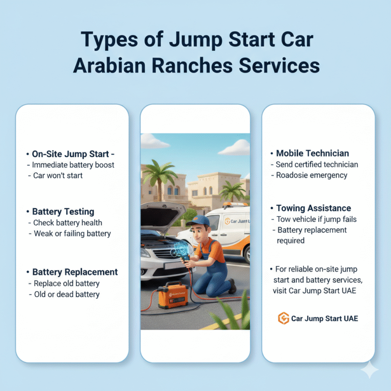"Animated 3D illustration showing a technician performing jump-start services in Arabian Ranches, with side spaces for service type points and Car Jump Start UAE branding."