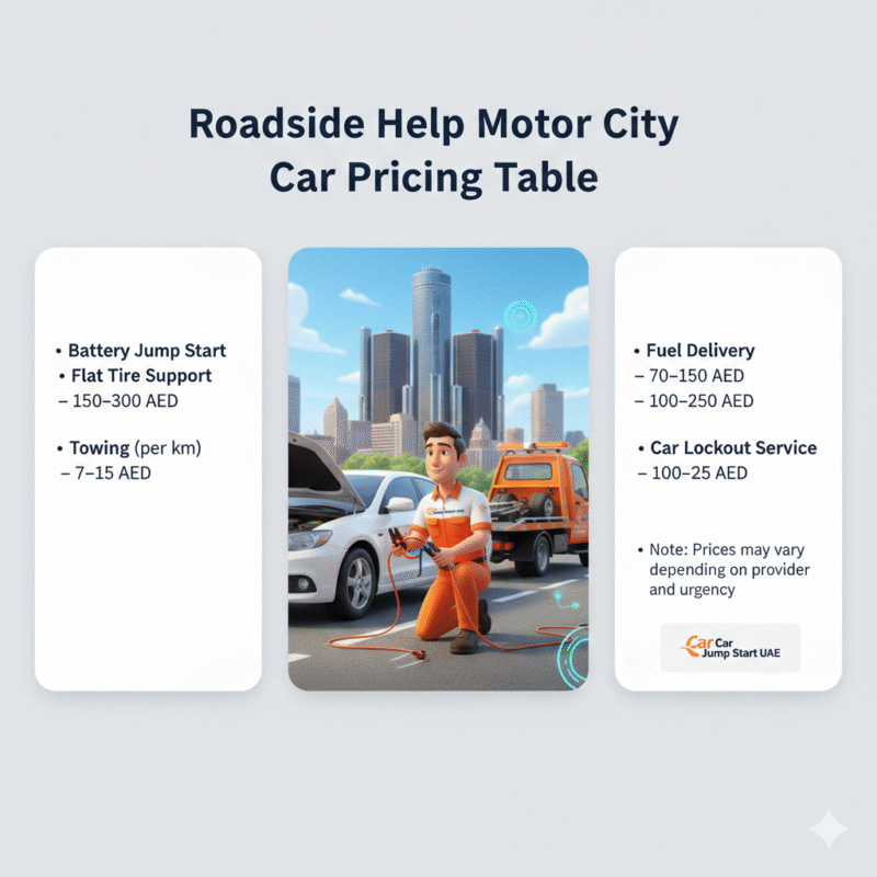 "Animated 3D illustration showing a roadside technician assisting a car in Motor City, with side spaces for pricing table points and subtle brand integration."