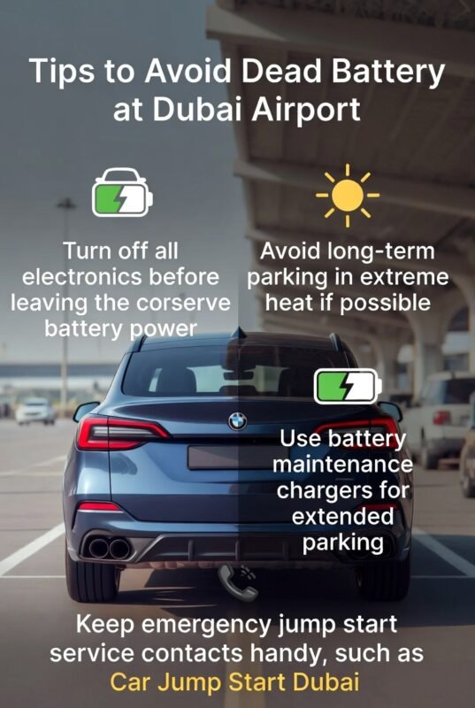 “Animated user guide showing tips to avoid dead car battery at Dubai Airport, with luxury car in the center and key tips displayed on sides including turning off electronics, avoiding long-term heat exposure, using battery chargers, and keeping emergency contacts.”