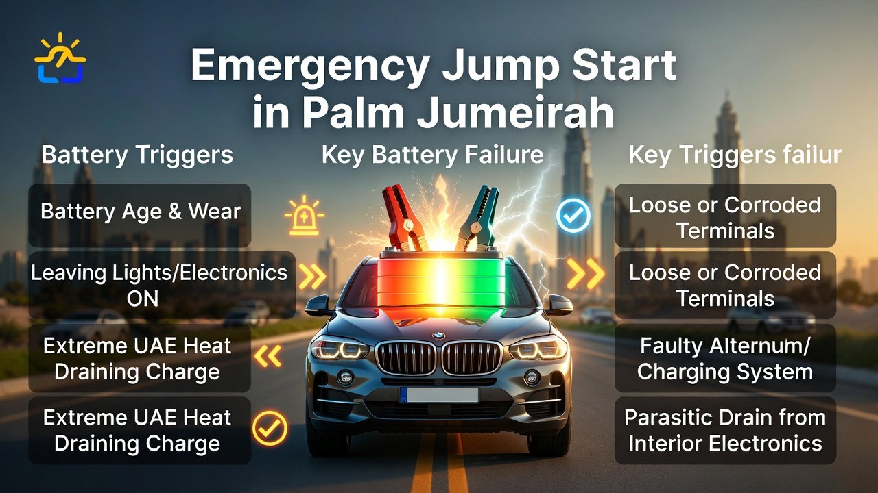 “Feature image illustrating common triggers for emergency jump start in Palm Jumeirah, with animated vehicle in the center, title at top, and key points displayed on sides in infographic style.”