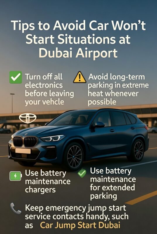 “Animated user guide showing tips to avoid cars not starting at Dubai Airport, featuring a luxury car in the center and side points including turning off electronics, avoiding extreme heat, using battery chargers, and keeping emergency service contacts.”