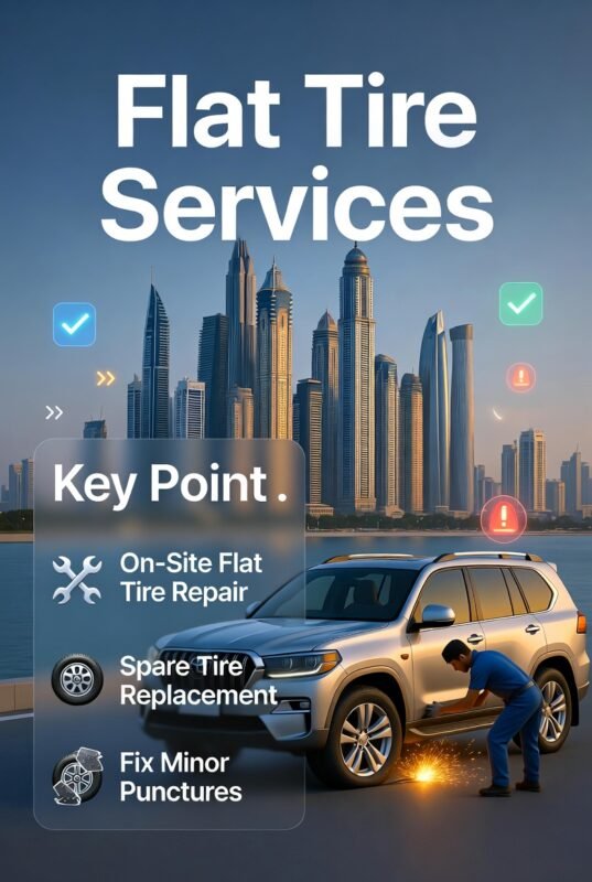 “Feature image illustrating flat tire services in Palm Jumeirah, with animated vehicle in center, title at top, and key points displayed on sides in infographic style.”