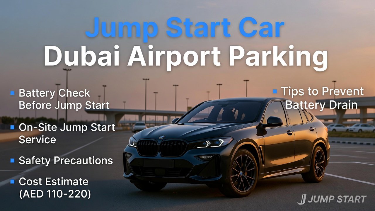 “Jump Start Car Dubai Airport Parking – animated user guide showing a car being jump-started with key tips on battery check, safety, cost, and maintenance around Dubai Airport parking.”
