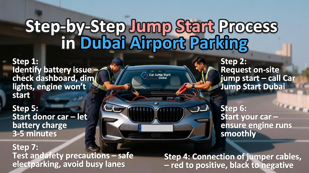 “Animated user guide showing step-by-step jump start process for a car parked at Dubai Airport, with side points explaining battery checks, on-site services, safety, and jumper cable connections.”