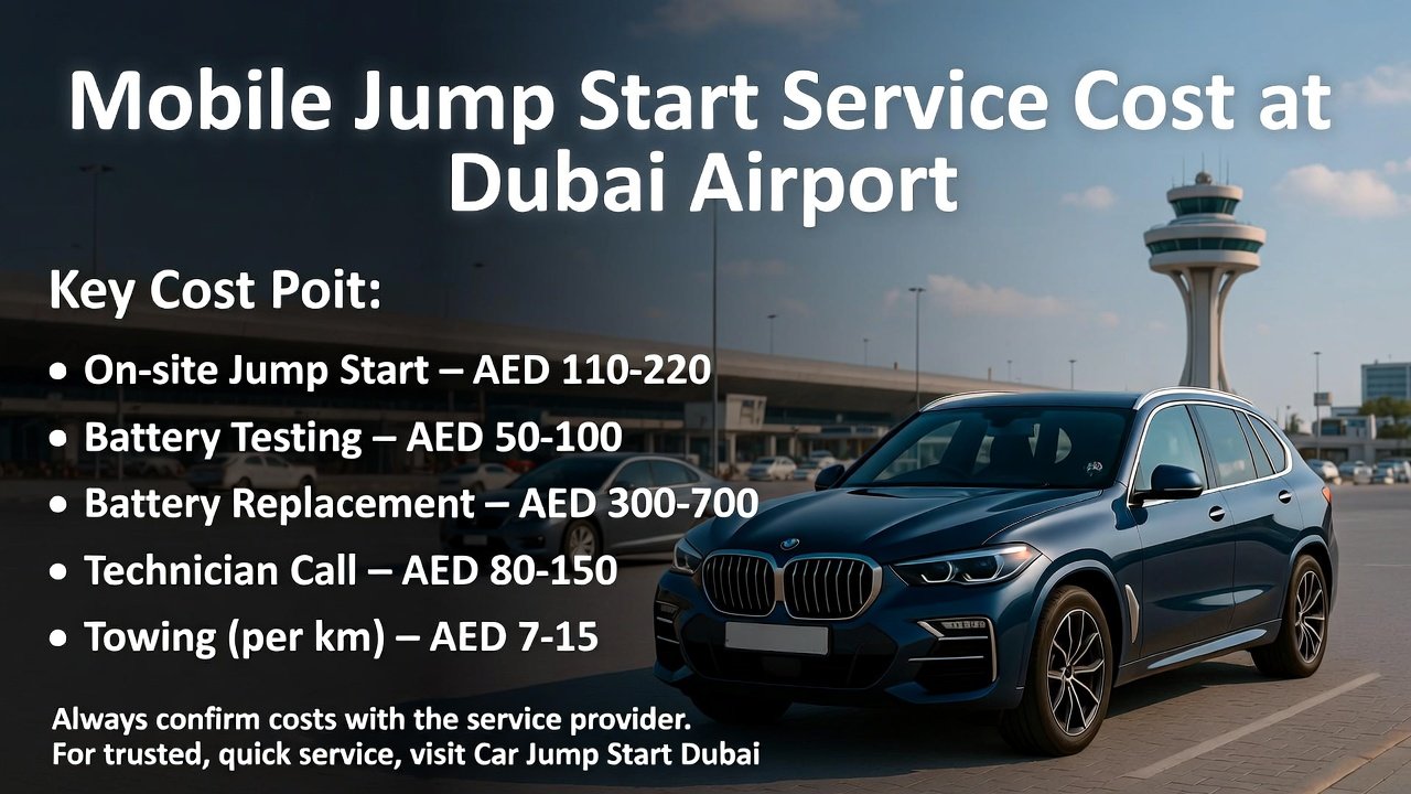 “Animated user guide showing mobile jump start service costs at Dubai Airport, with a luxury car in the center and side points displaying on-site jump start, battery testing, replacement, technician call, and towing costs.”