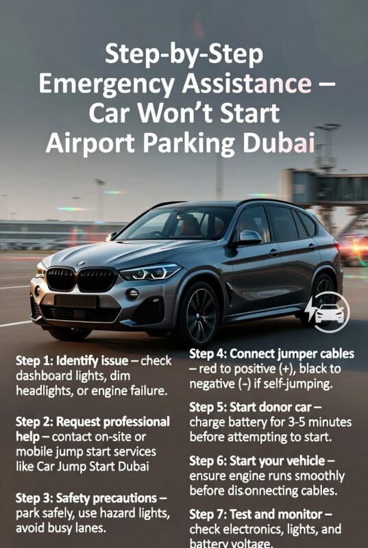 “Animated user guide showing step-by-step emergency assistance for cars that won’t start in Dubai Airport parking, featuring a luxury car in the center and side points displaying identification, professional help, safety, jumper cables, starting donor car, engine start, and monitoring.”