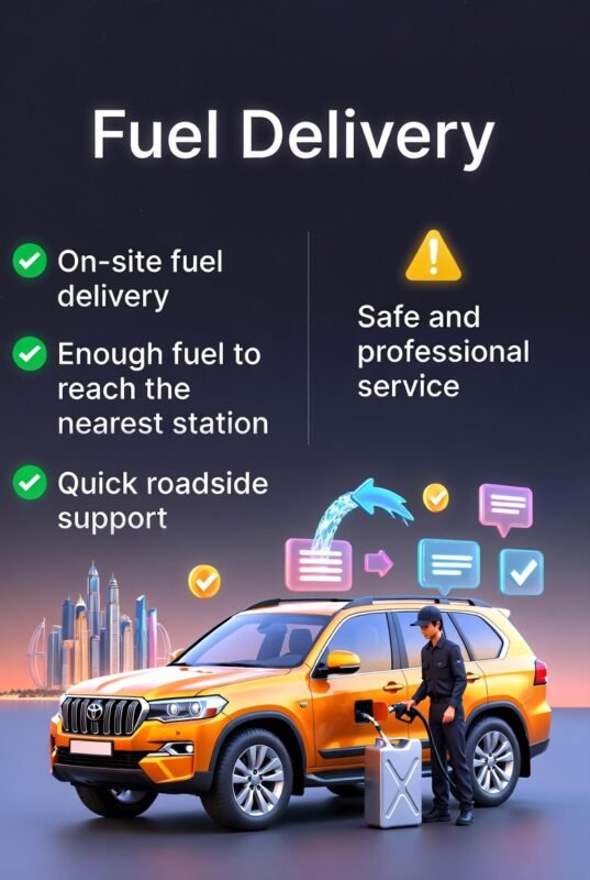 “Feature image illustrating fuel delivery services in Palm Jumeirah, with animated vehicle in center, title at top, and key points displayed on sides in infographic style.”