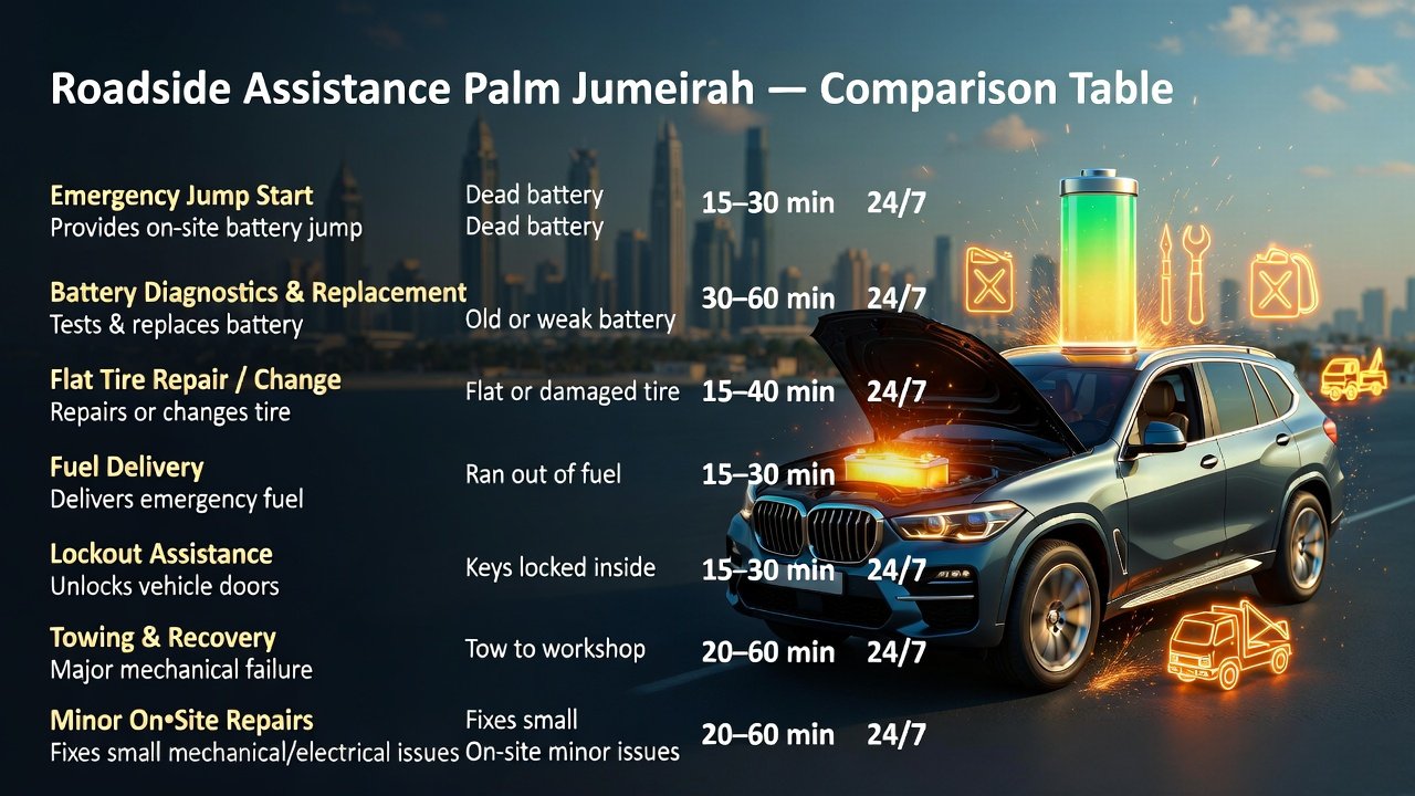 “Feature image showing comparison of roadside assistance services in Palm Jumeirah, with animated vehicle in center, title at top, and key service points displayed on sides in infographic style.”