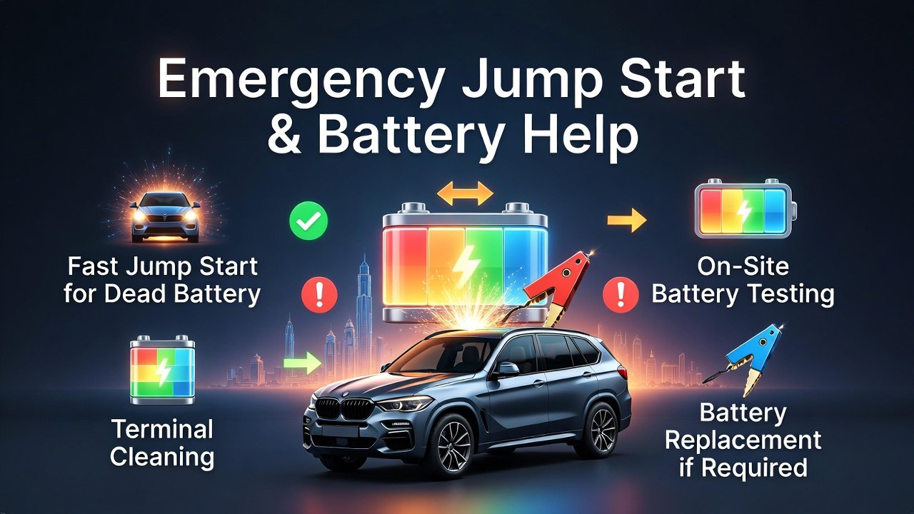 “Feature image illustrating emergency jump start and battery help in Palm Jumeirah, with animated vehicle in center, title at top, and key points displayed on sides in infographic style.”