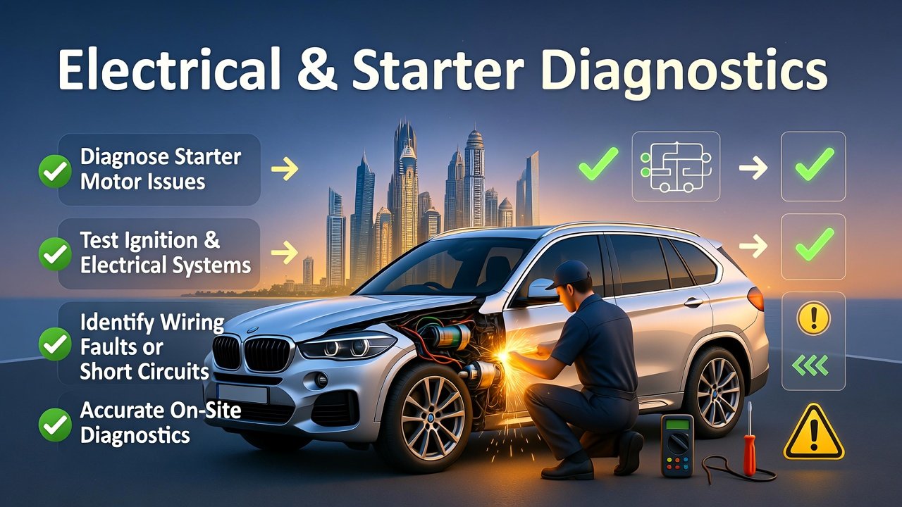 “Feature image illustrating electrical and starter diagnostics services in Palm Jumeirah, with animated vehicle in center, title at top, and key diagnostic steps displayed on sides in infographic style.”