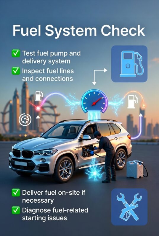 “Feature image illustrating fuel system check services in Palm Jumeirah, with animated vehicle in center, title at top, and key fuel system check points displayed on sides in infographic style.”
