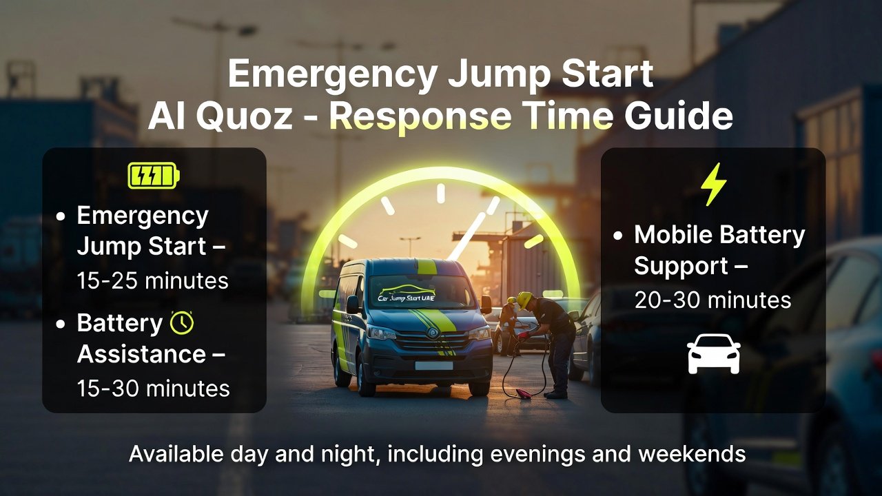 Infographic showing typical response times for Emergency Jump Start Al Quoz with technician arriving and key timings displayed on sides.