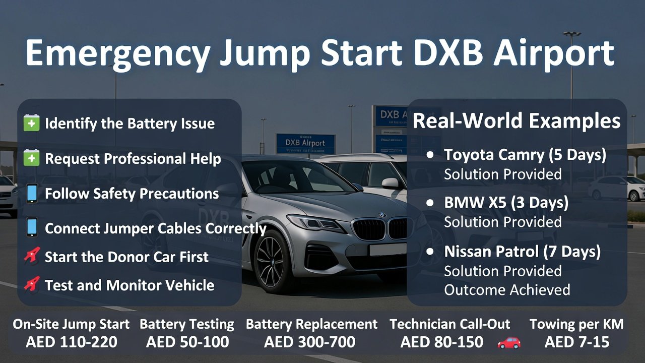 “Animated user guide showing emergency jump start at DXB Airport, with luxury car in center and side points including step-by-step jump start process, case studies, service costs, and preventive tips.”