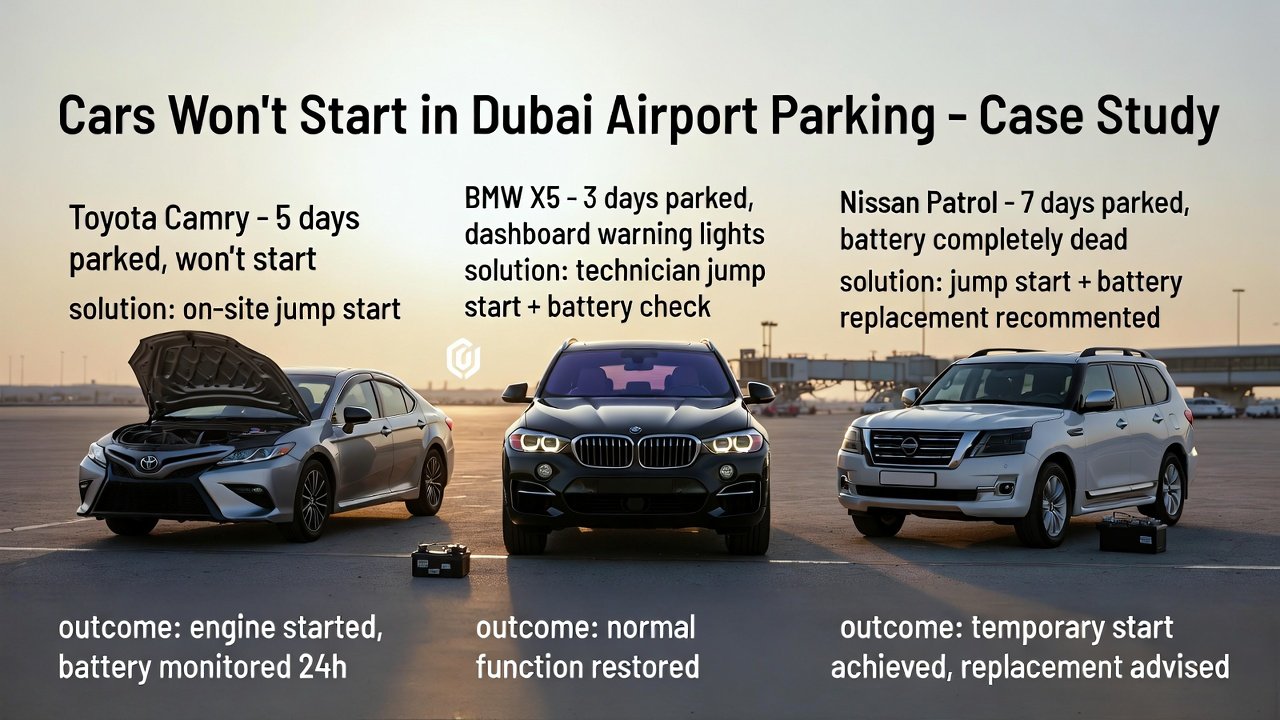 “Animated user guide showing real-world case study of cars that won’t start in Dubai Airport parking, featuring Toyota Camry, BMW X5, and Nissan Patrol with parking duration, problems, solutions, and outcomes.”