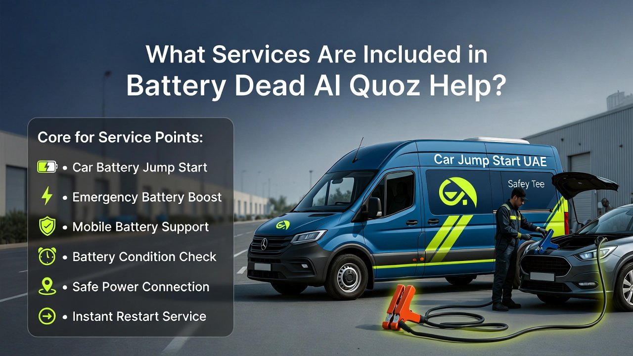 Technician performing car battery jump start in Al Quoz with service highlights displayed in premium infographic layout.