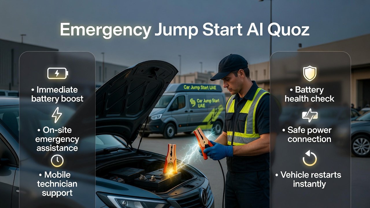 Professional roadside assistance technician performing an emergency car jump start in Al Quoz with key service points displayed on sides.