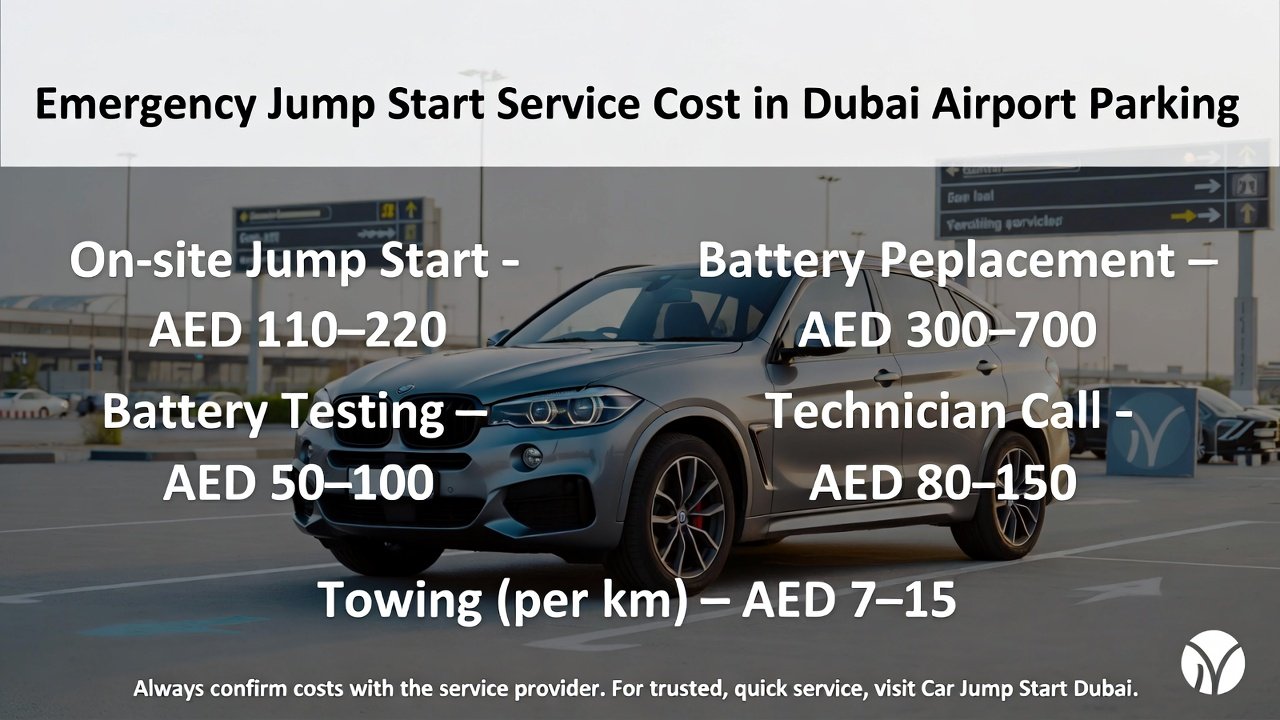 “Animated user guide showing emergency jump start service costs in Dubai Airport parking, featuring a luxury car in the center and side points displaying on-site jump start, battery testing, battery replacement, technician call, and towing costs.”
