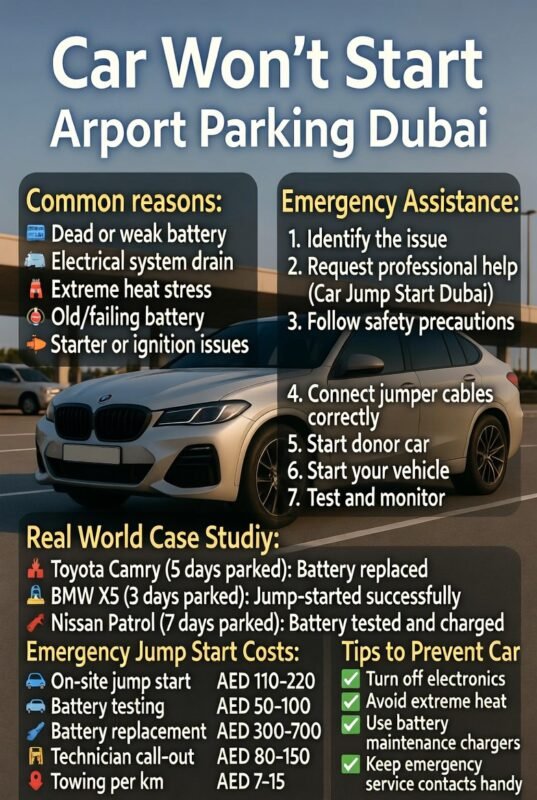 “Animated user guide showing solutions when a car won’t start at Dubai Airport, featuring a luxury car in the center and side points including common causes, step-by-step emergency help, case study examples, service costs, and preventive tips.”