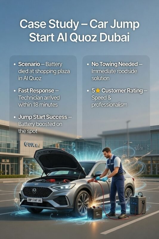 "Case study illustration of Car Jump Start Al Quoz Dubai showing technician assisting a car in a shopping plaza parking area with key results displayed on the sides."