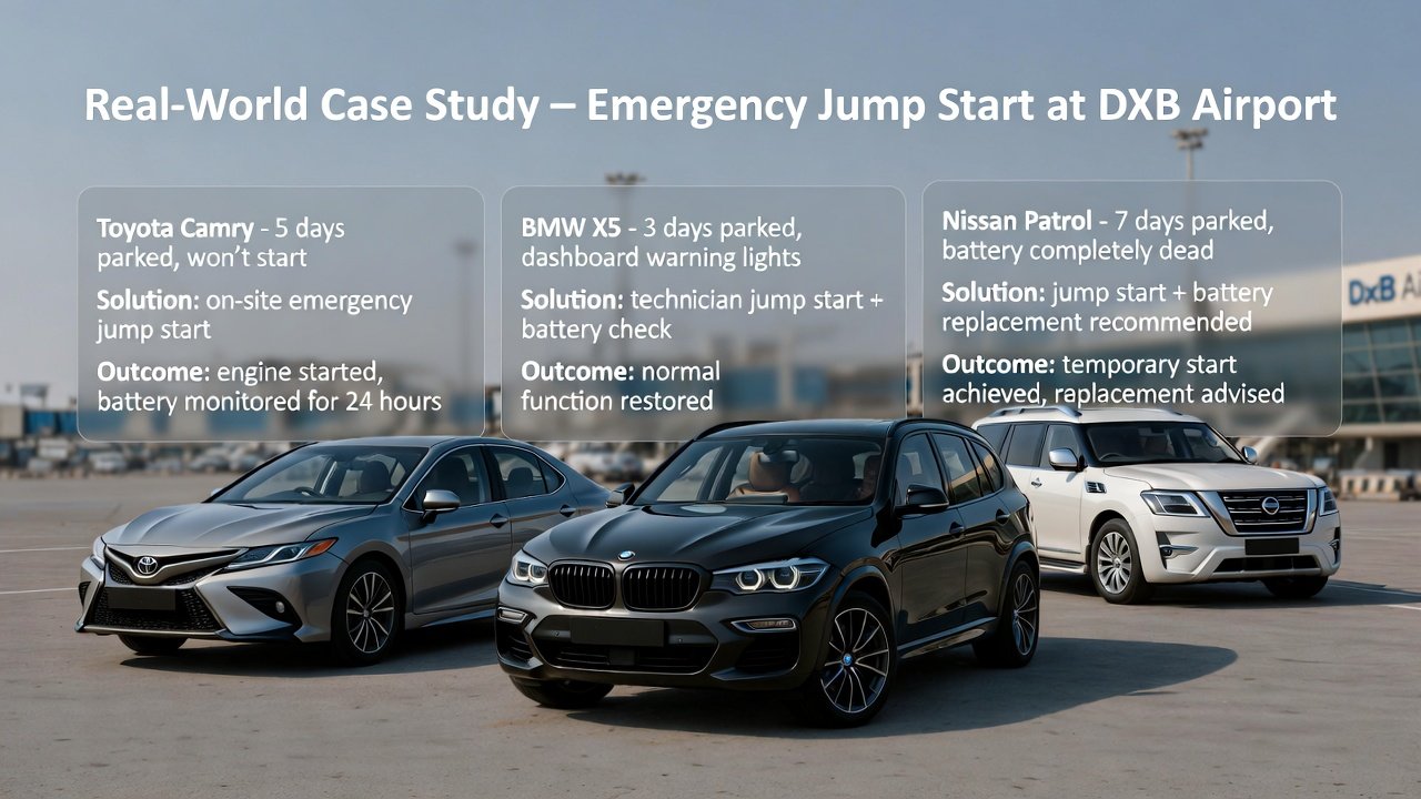 “Animated user guide showing real-world case study of emergency jump start at DXB Airport, featuring Toyota Camry, BMW X5, and Nissan Patrol with parking duration, problems, solutions, and outcomes.”