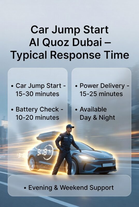 "Response time guide image for Car Jump Start Al Quoz Dubai showing technician arriving quickly with service times displayed on both sides."