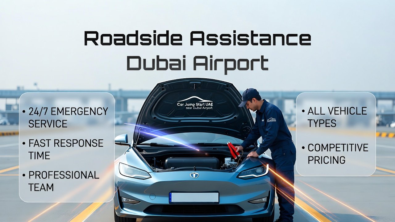 "Roadside Assistance Dubai Airport guide image showing a technician jump-starting a car, key points on the sides, and animated branding elements."