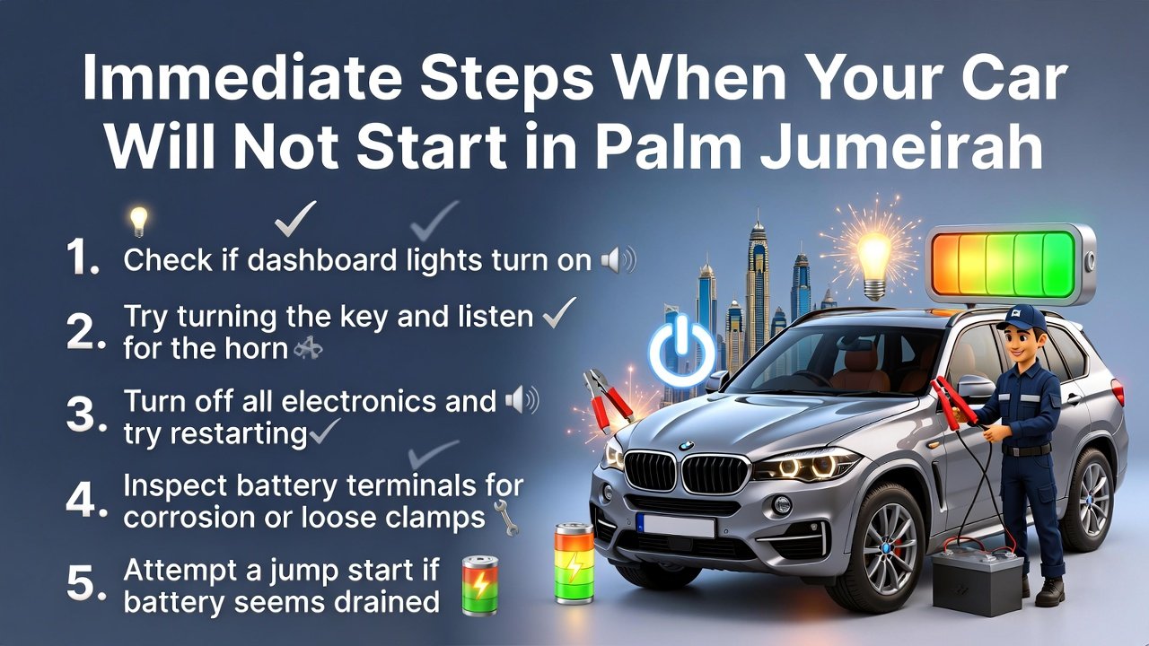 “Feature image illustrating immediate steps when a car will not start in Palm Jumeirah, with animated vehicle in center, title at top, and step-by-step points displayed on sides in infographic style.”
