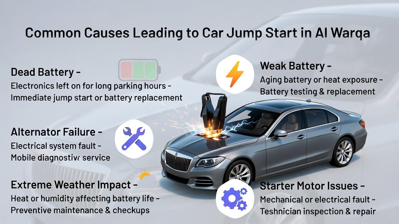 "Infographic showing common causes leading to car jump start in Al Warqa with title on top, bullet points on left and right sides, and animated-style central car illustration performing a battery jump."